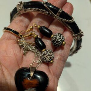 Vintage Black Ceramic Heart Necklace, Enameled Ring, Wire Bangle & Earrings